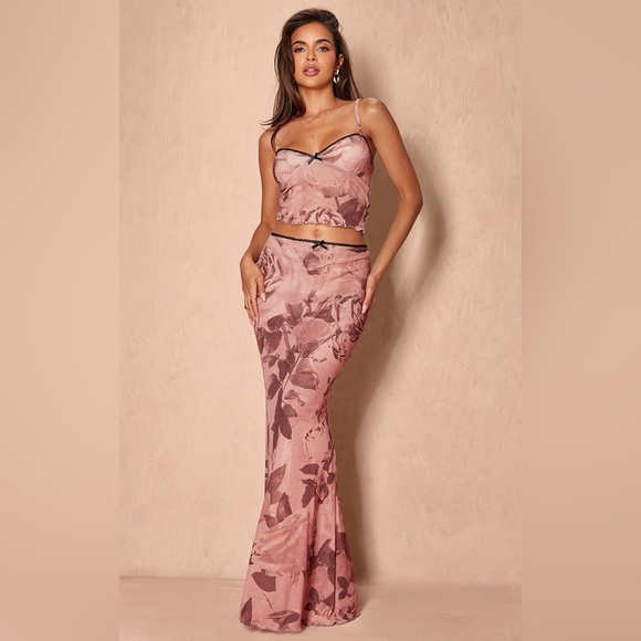 Pretty Little Thing Brown Floral Print Lowrise Maxi Skirt Nwt Size 2 - Picture 2 of 6